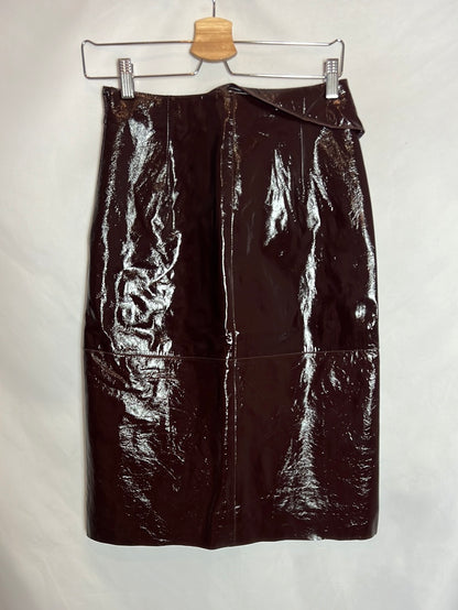 MASSIMO DUTTI. Burgundy brown leather midi skirt. TS