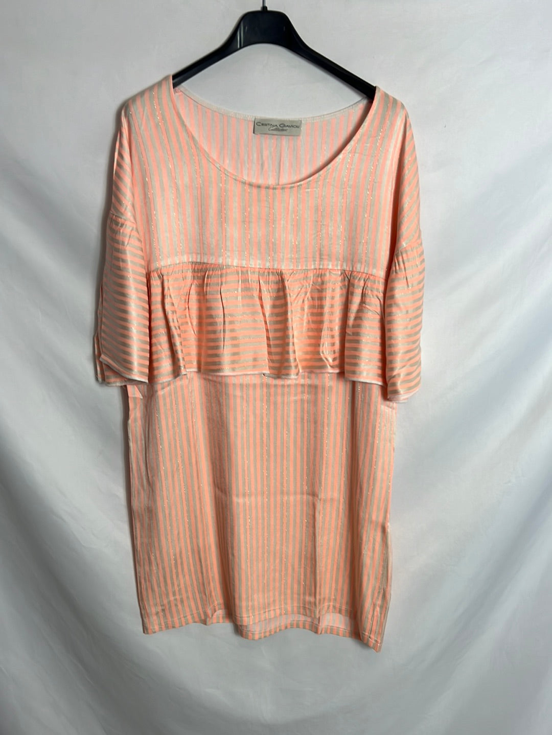 CRISTINA GAVIOLI. Short dress with gold-threaded stripes. Size 40