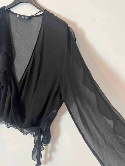 ZARA. Black semi-sheer top with ruffles. TL