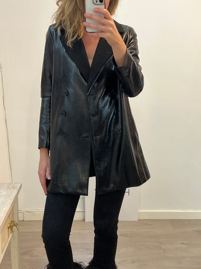 MAJE. Abrigo fino negro doble textura. T 40