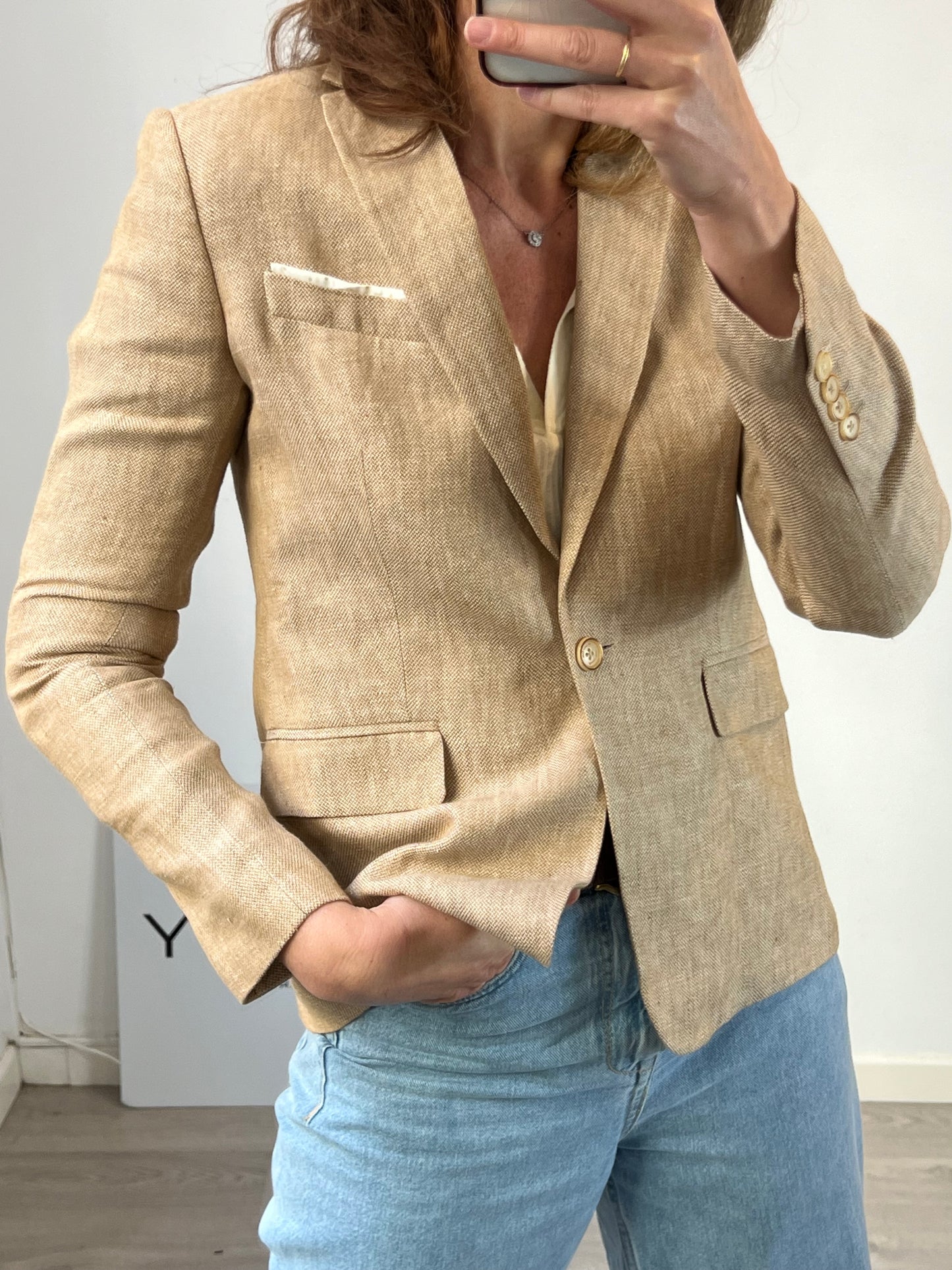 MASSIMO DUTTI. Blazer lino beige jaspeada. T 40