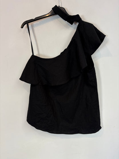 L'ACADEMIE. Black Linen Asymmetrical Ts Top