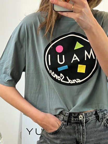 PULL&BEAR. Camiseta azul crop dibujo. T L