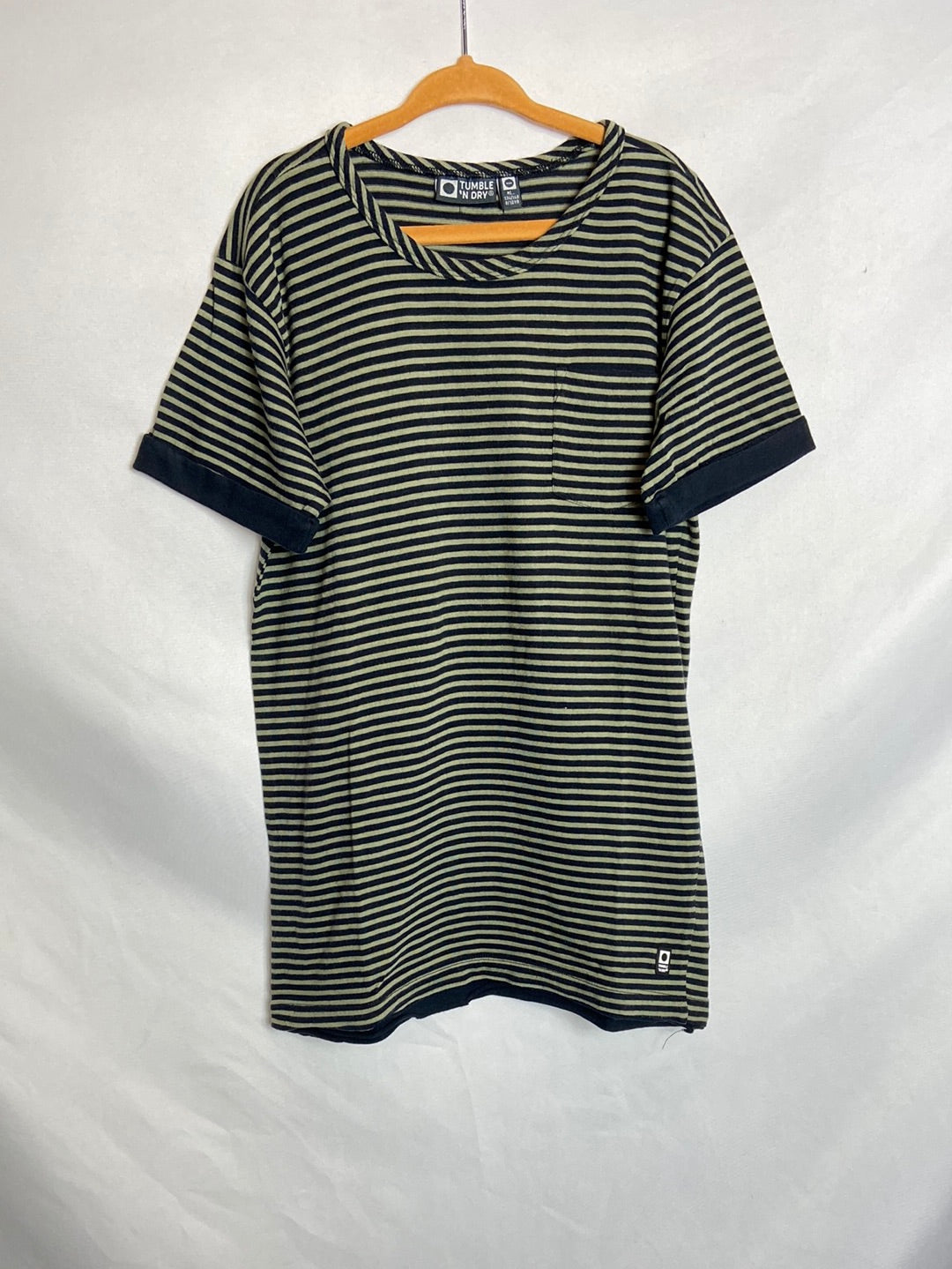 TUMBLE 'N DRY. Green striped T-shirt. Ages 8-10