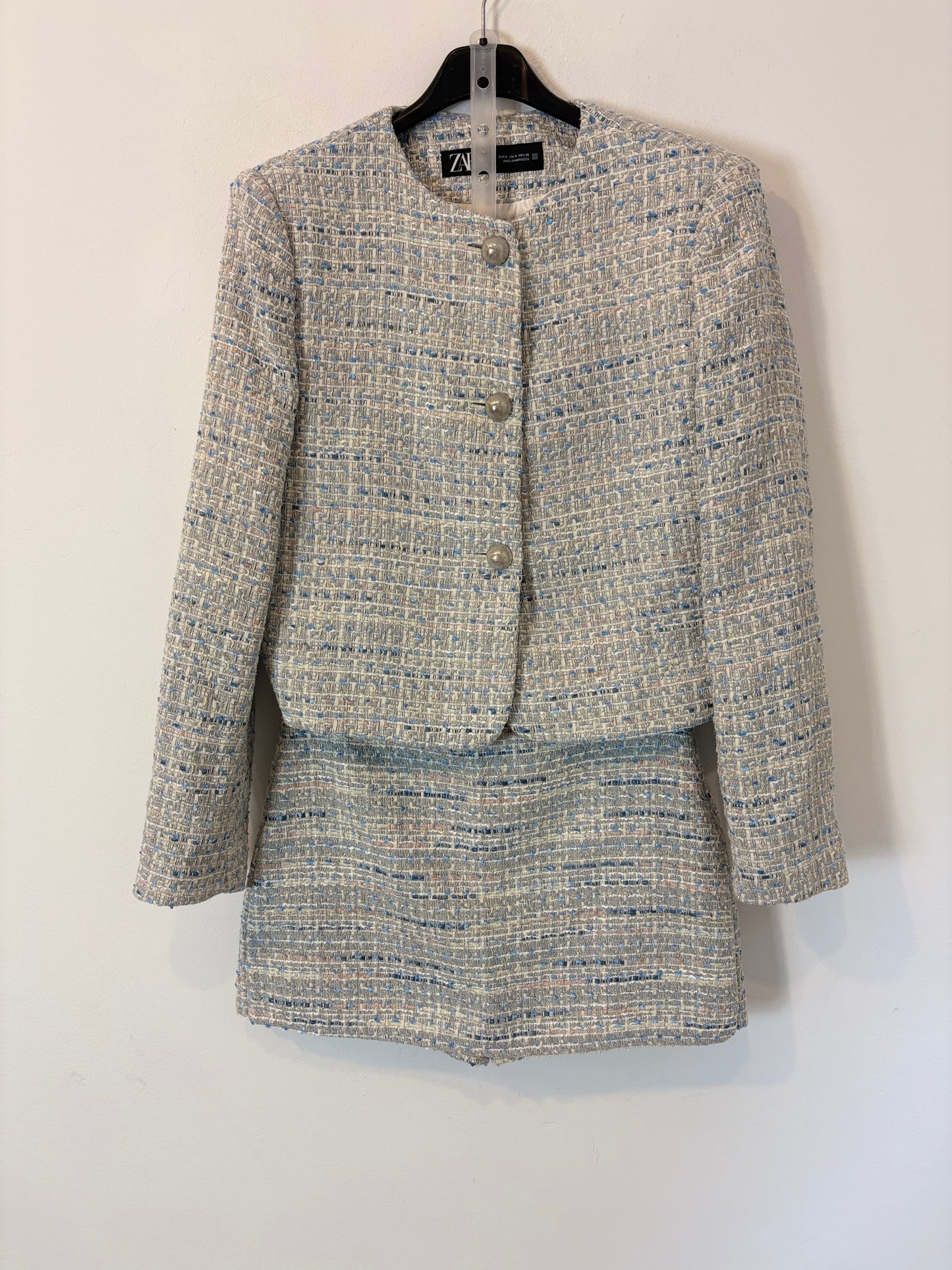 ZARA. Conjunto chaqueta y falda pantalón tweed azules. T XS/S