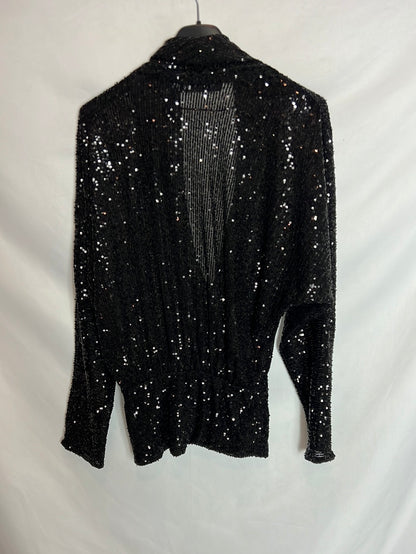 ZARA. Top negro lentejuelas  cruzado. T XS