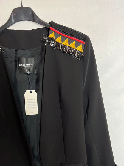 BLESS THE MESS. Black blazer with cuff and sleeve details. Size 38
