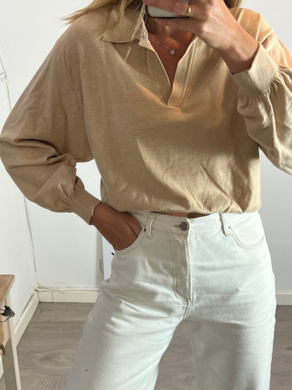 MANGO. Jersey beige polero. T M