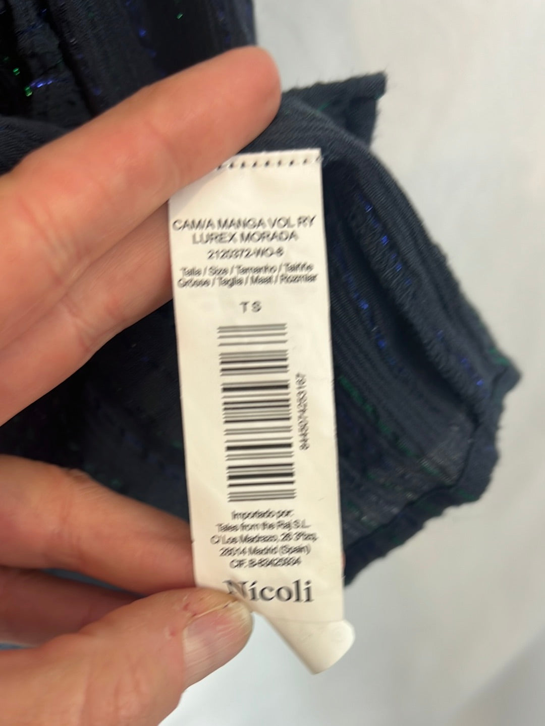 NICOLI. Blusa azul detalles hilos metálicos T.s