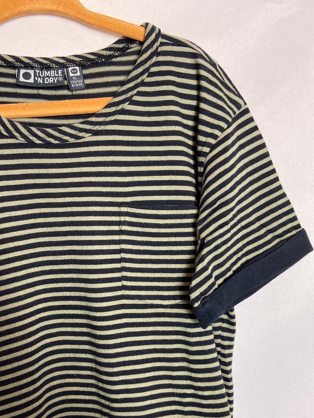 TUMBLE 'N DRY. Green striped T-shirt. Ages 8-10