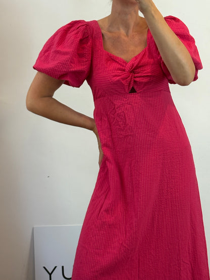 MANGO. Vestido largo rosa mangas farol