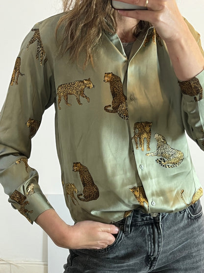 ZARA. Tiger green satin blouse. Size XS