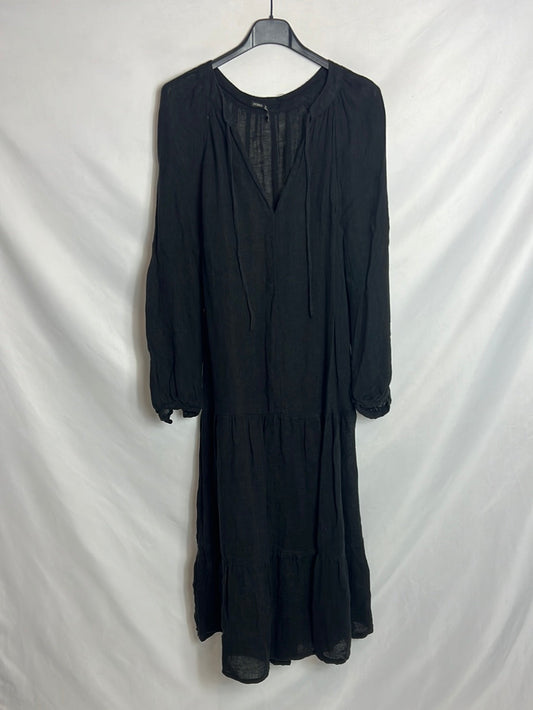 OYSHO. Vestido midi negro efecto lino. T S