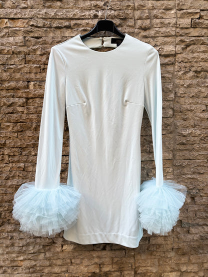 ZARA. Light blue fitted dress with tulle sleeves. XS