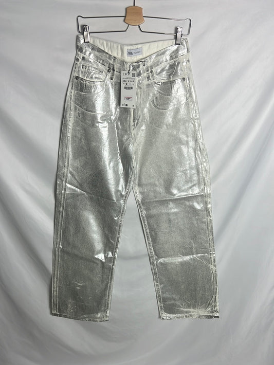 ZARA. Silver denim trousers for a wide waist. Size 36