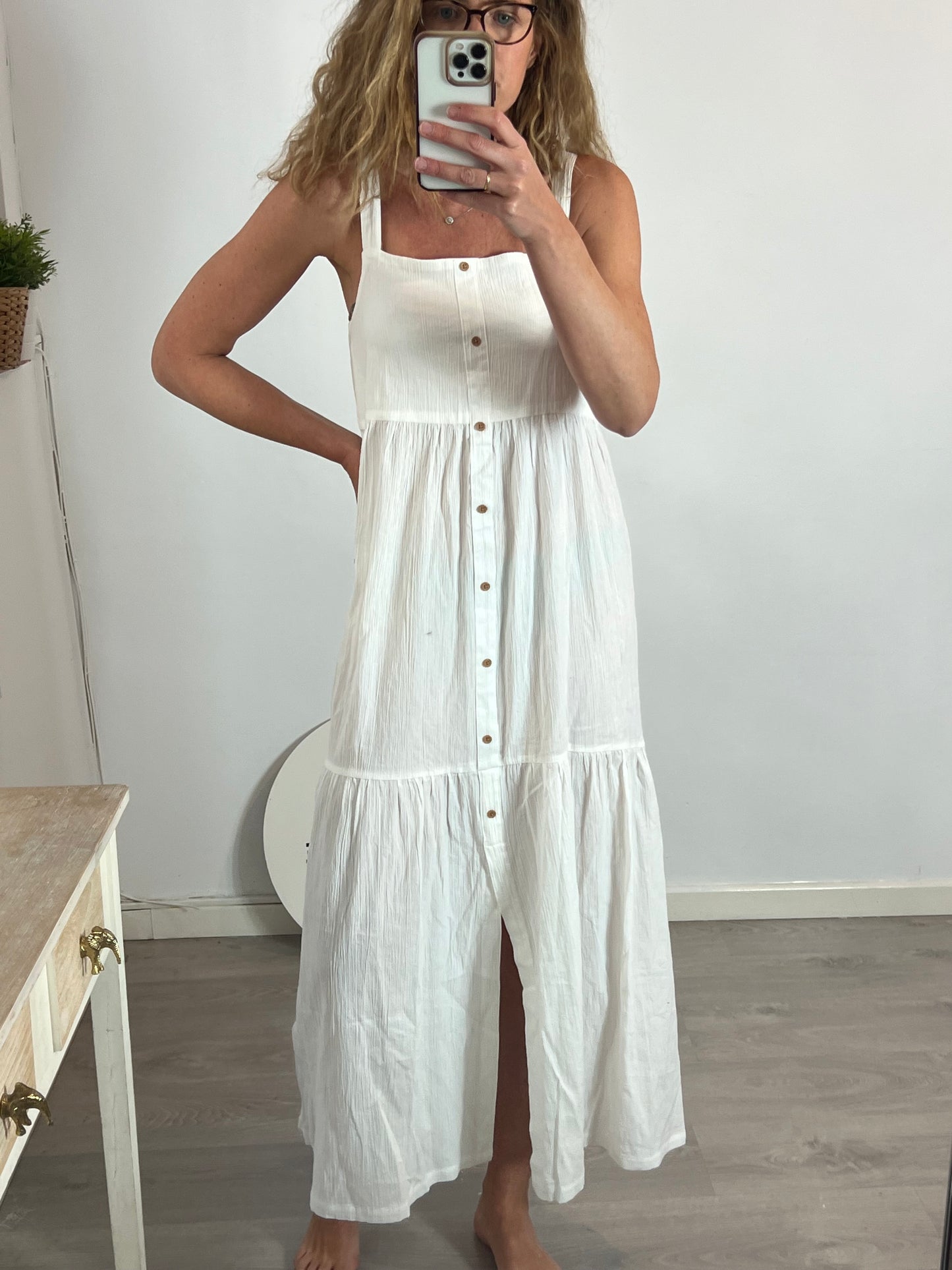 TEX. Vestido largo blanco textura. T L