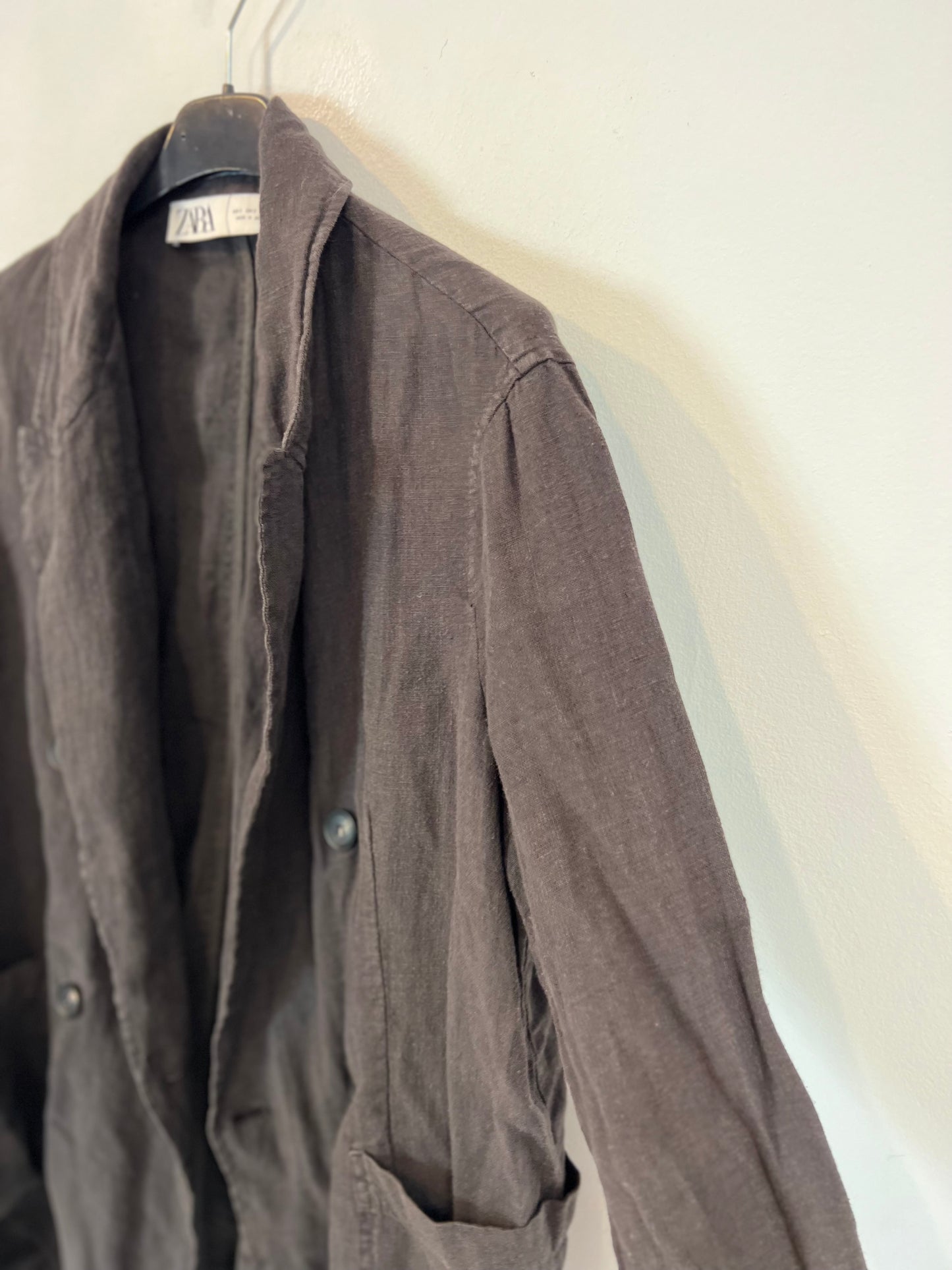 ZARA. Blazer fluida lino gris/azul oscuro  T.s