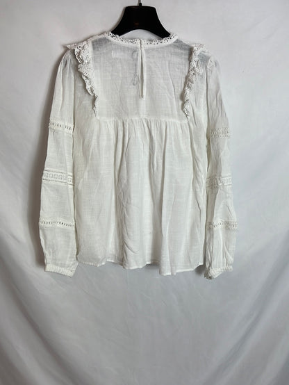 ZARA. White cotton blouse with ruffles, size 13/14 (xs)