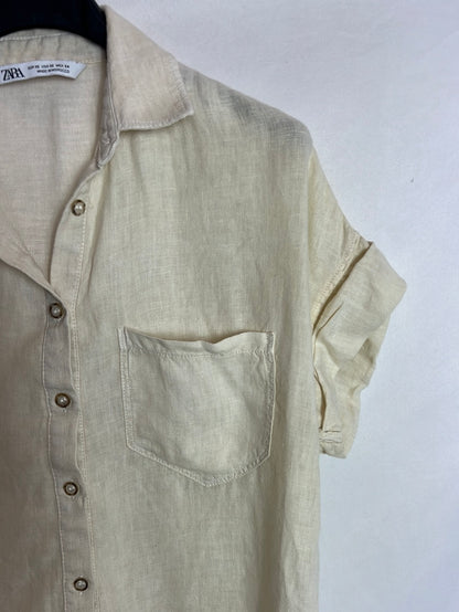 ZARA. Blusa manga corta beige efecto lino. T XS