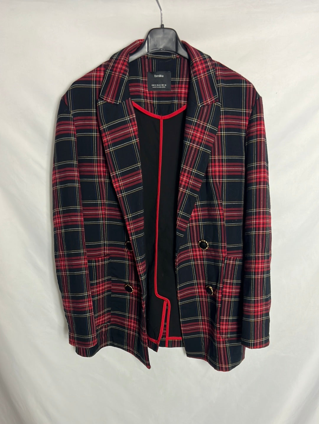 BERSHKA. Long checked blazer with gold buttons. TM