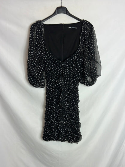 ZARA. Vestido negro lunares fruncido. T S