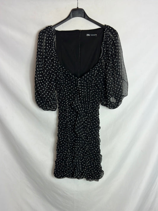 ZARA. Black polka dot gathered dress. TS