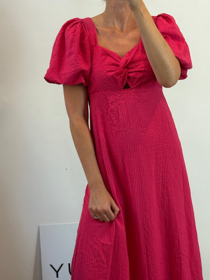 MANGO. Vestido largo rosa mangas farol