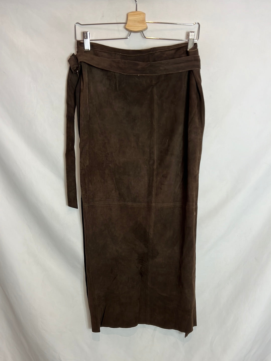 KENZO. Brown leather pareo-effect skirt. Size 42 (Tara)