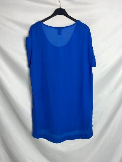 H&M. Top largo semi transparente azul. T 38