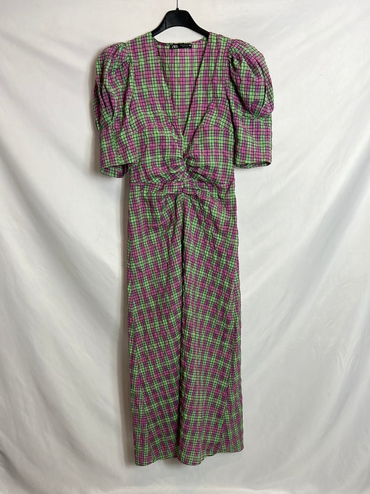 ZARA. Vestido midi cuadros manga abullonada T. XS