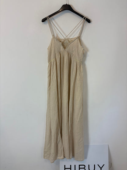 ZARA. Vestido beige bordado con lino  T.xs