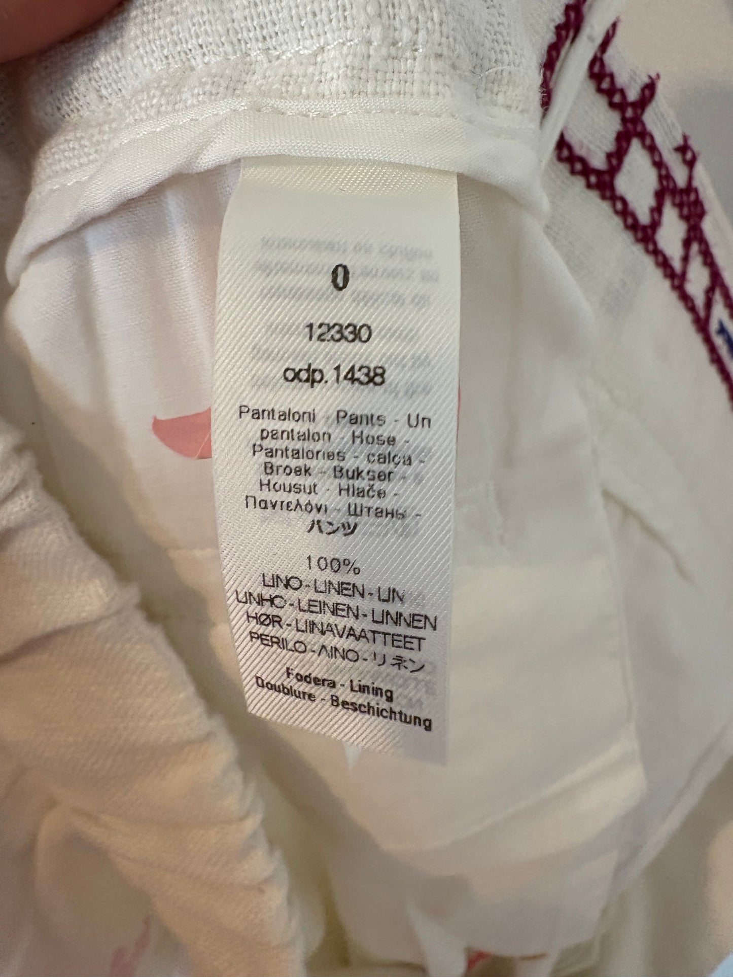 FORTE FORTE. Pantalón lino blanco detalles punto de cruz