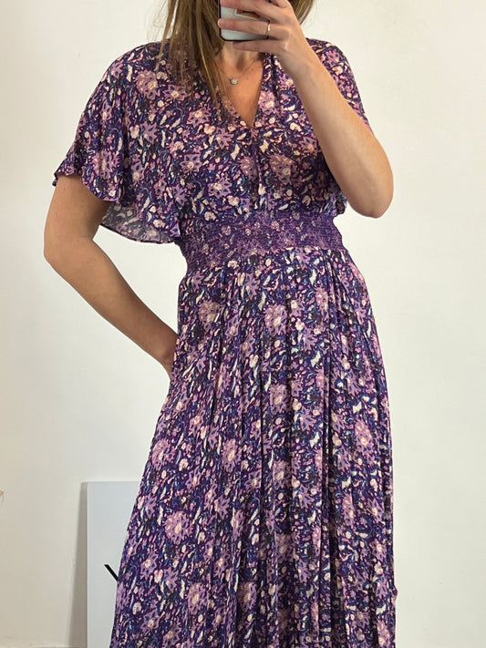 BERENICE. Long printed dress with waist detail. Size 34 (S)