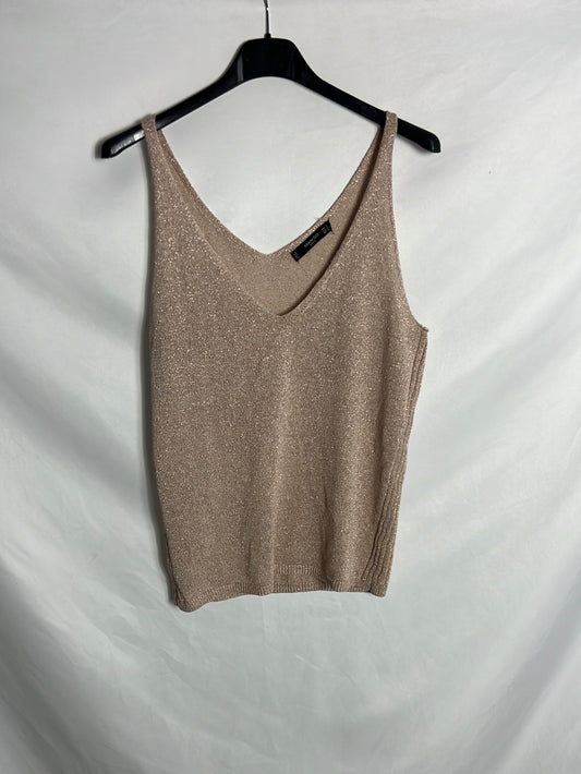 MANGO. Top rosa palo hilos metalizados. T S