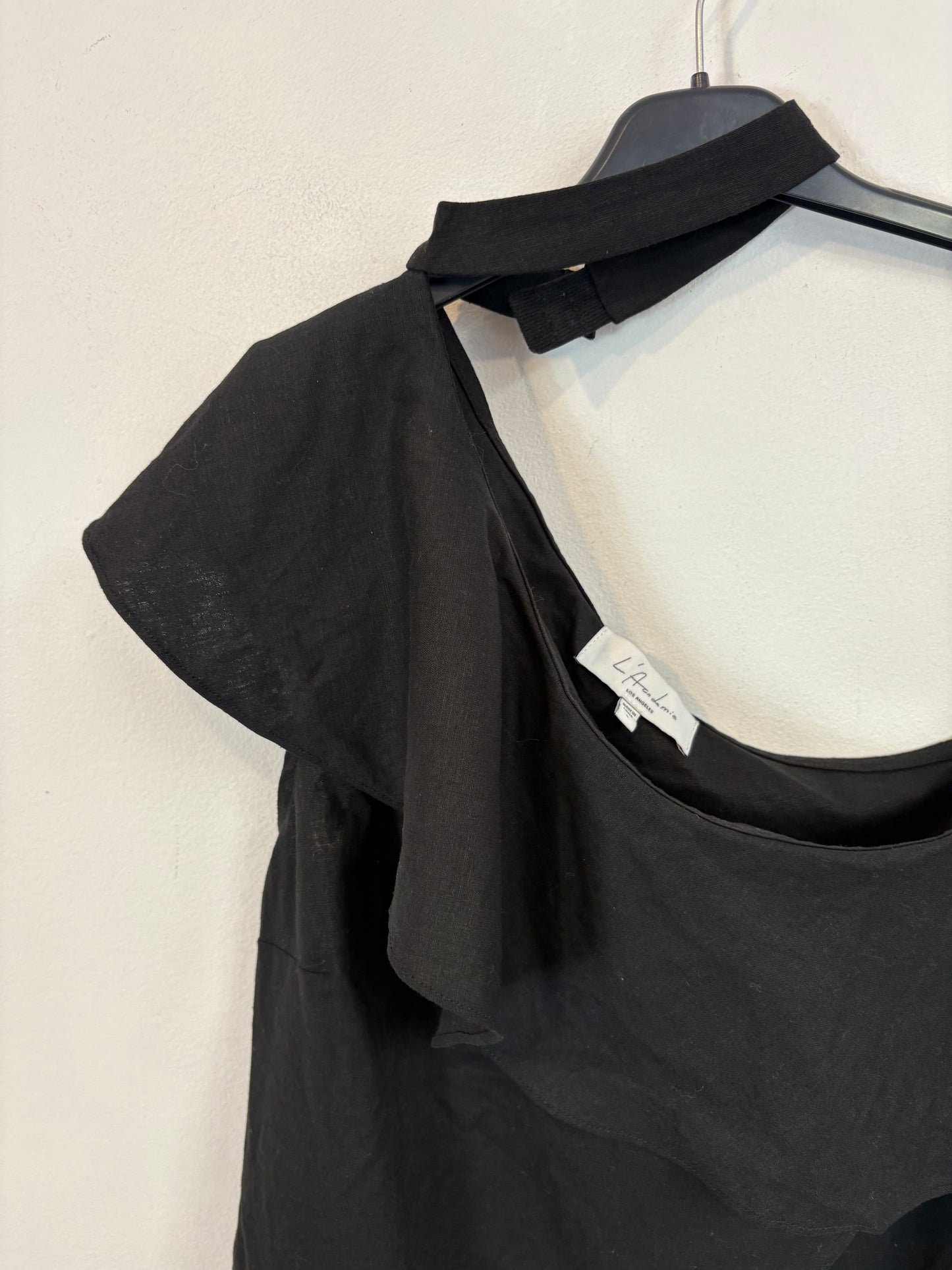 L'ACADEMIE. Black Linen Asymmetrical Ts Top