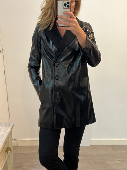 MAJE. Abrigo fino negro doble textura. T 40