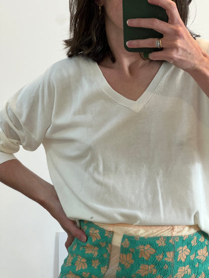 MASSIMO DUTTI. Jersey blanco cuello pico algodón. T S