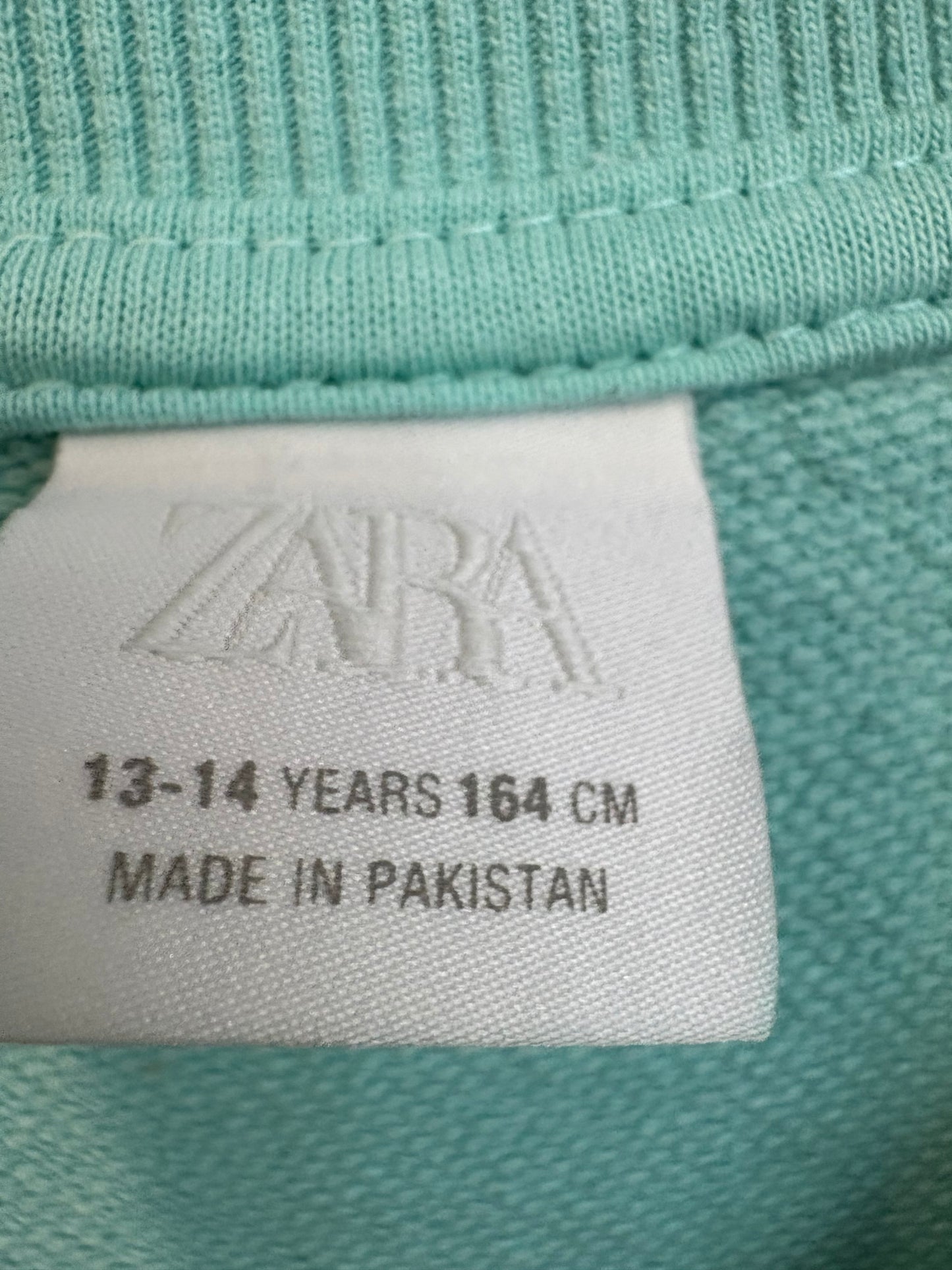 ZARA. Conjunto felpa  verde agua dibujos. T 13-14 años (xs)