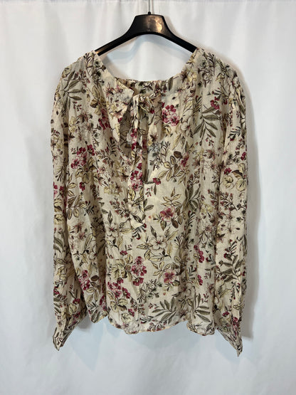 MANGO. Blusa beige flores T.m