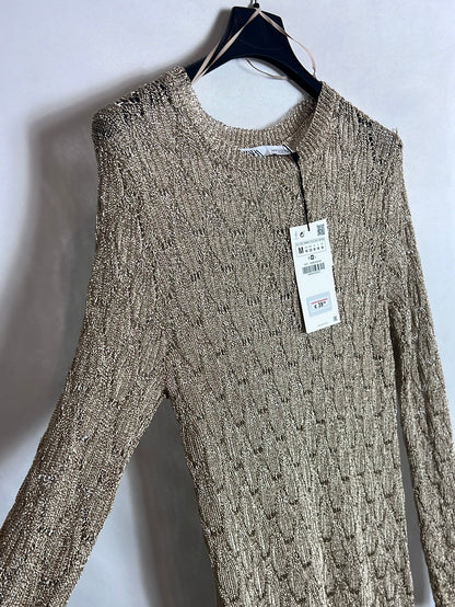 ZARA. Vestido midi dorado calado. T M