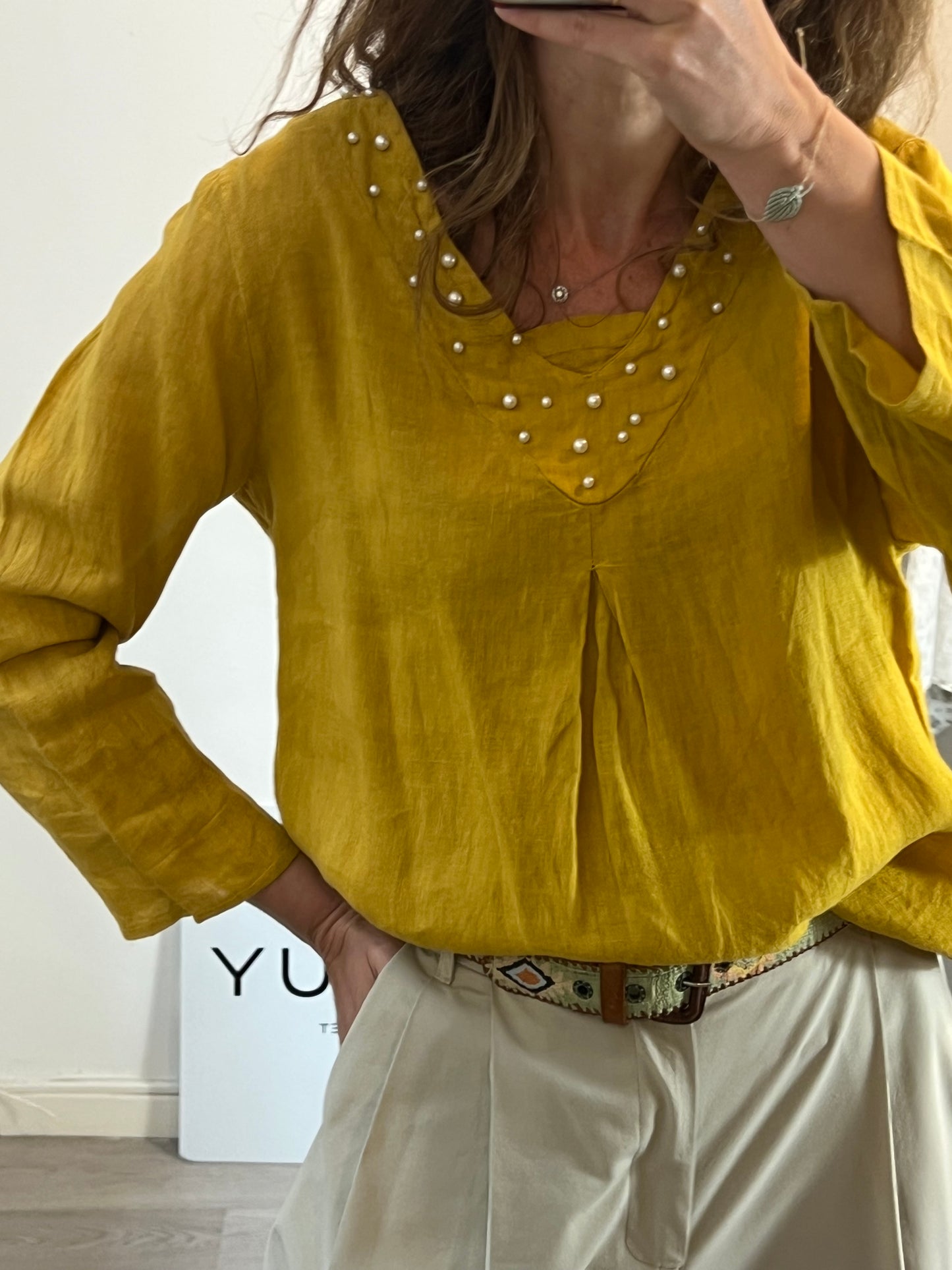 OTHER. Mustard linen blouse with neckline detail. TL