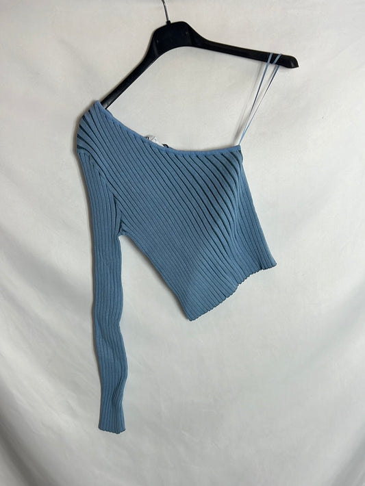 ZARA. Top canalé asimétrico azul. TM