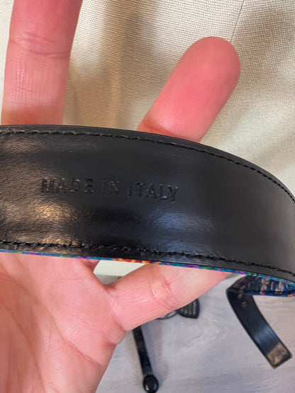 PHILOSOPHY OF LORENZO SERAFINI. Leather belt lined with printed fabric. Size 44 (M)