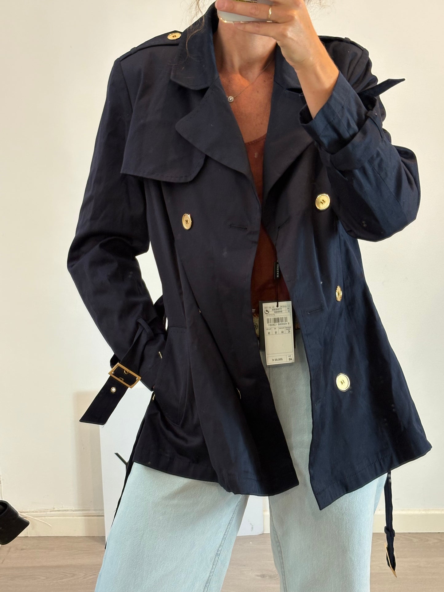 SYNTHESIS. Blue trench coat with gold buttons. Size 46