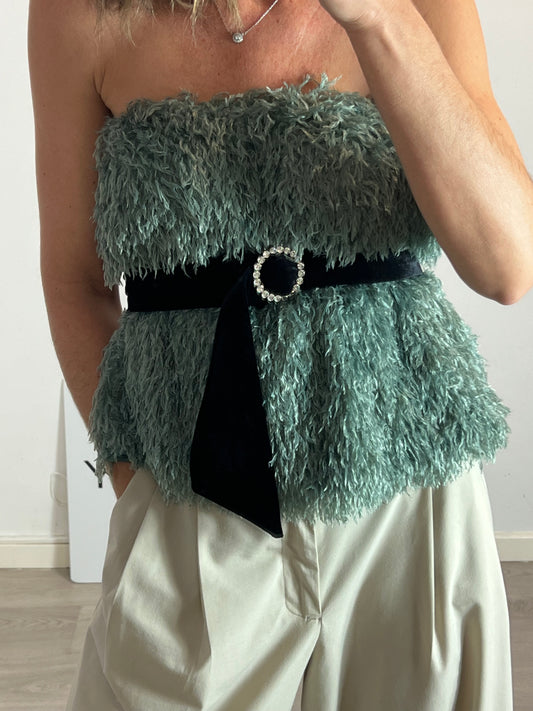 ZARA. Top palabra de honor flecos verde agua. T M