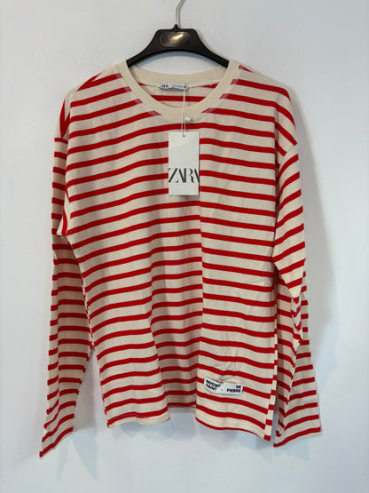 ZARA. Sudadera beige fina rayas rojas . T S