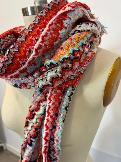 MISSONI. Zigzag cotton scarf with red fringes