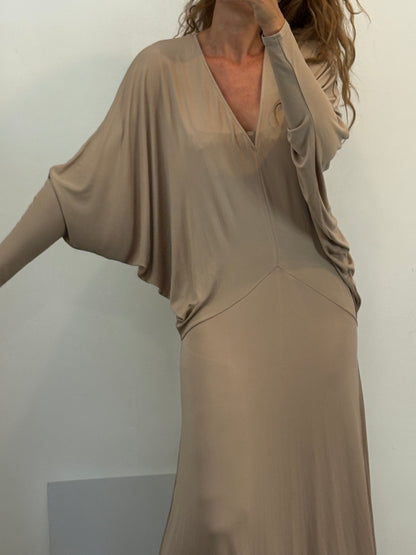ZARA. Vestido largo punto elástico beige