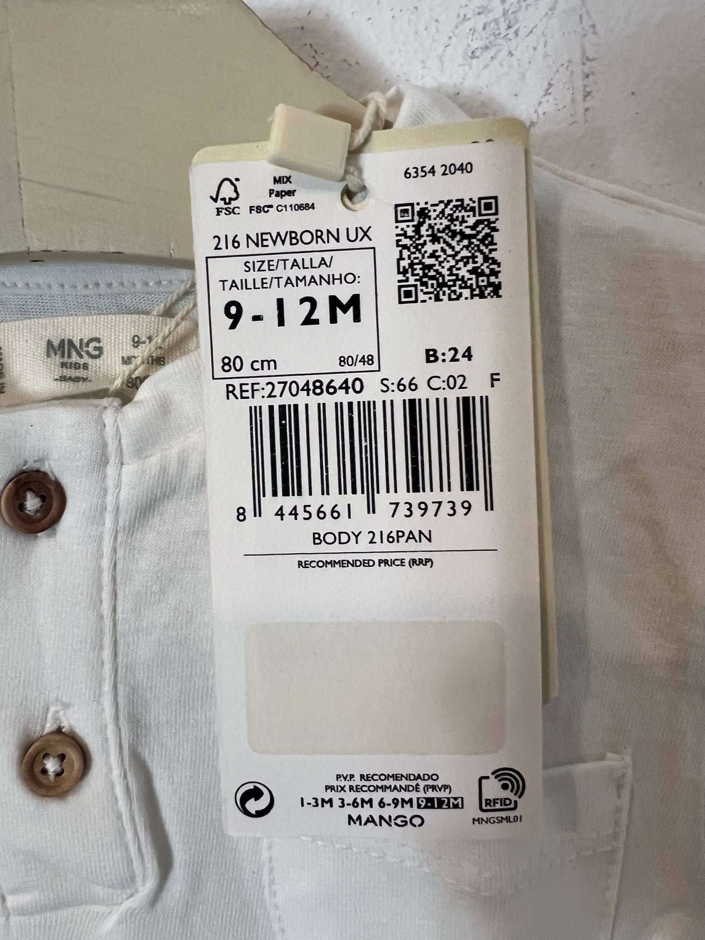 MANGO. Body blanco algodón. T 9-12 meses