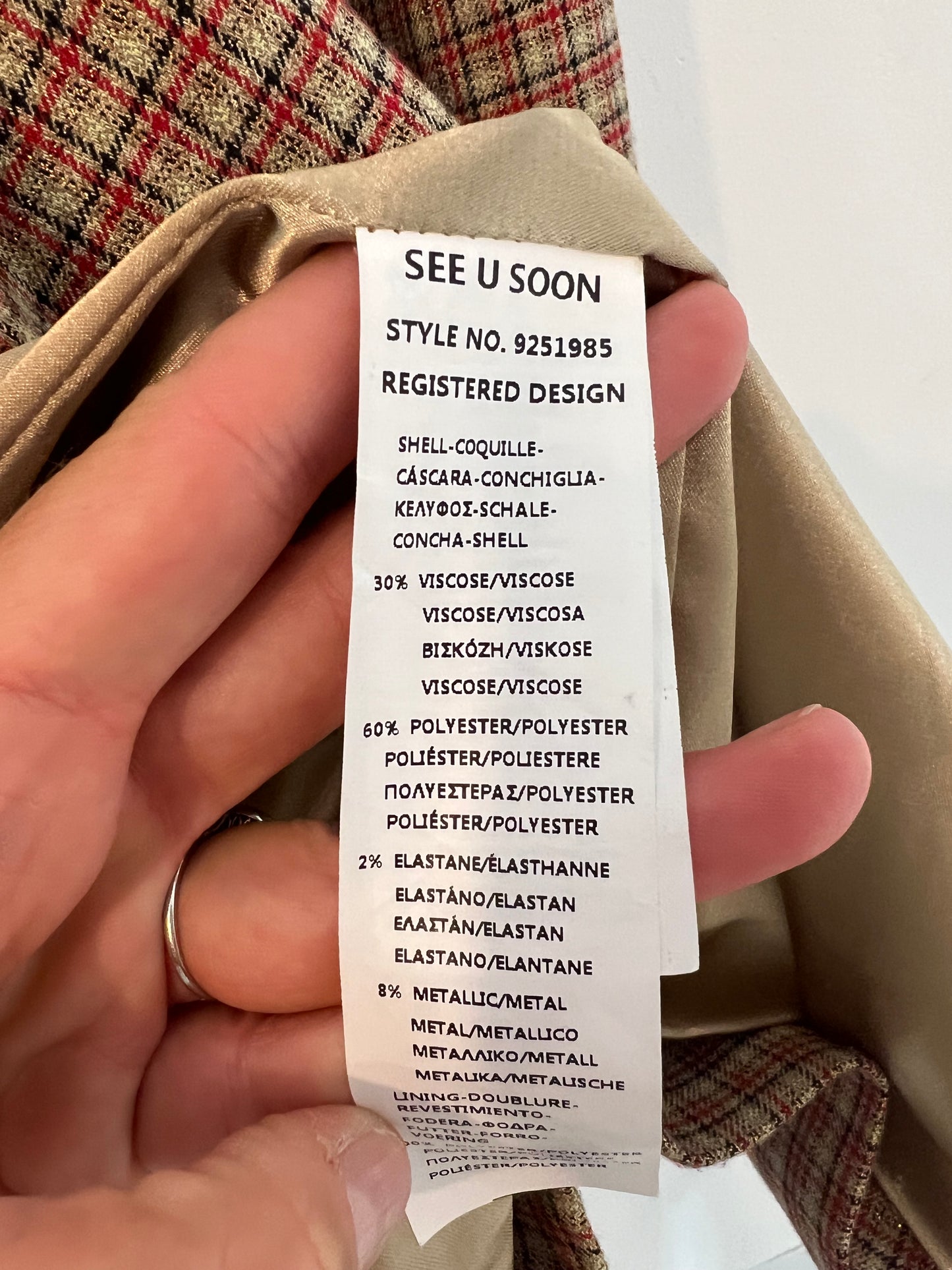 SEE U SOON. Checkered blazer with shiny threads. Size 2 (M)